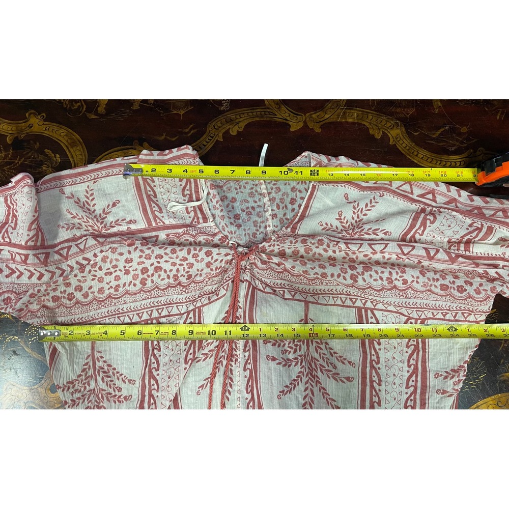 Free People Yo Yo Geo Peasant Blouse Red Cream Paisley Lace Up Tassel Boho M - Picture 7 of 16